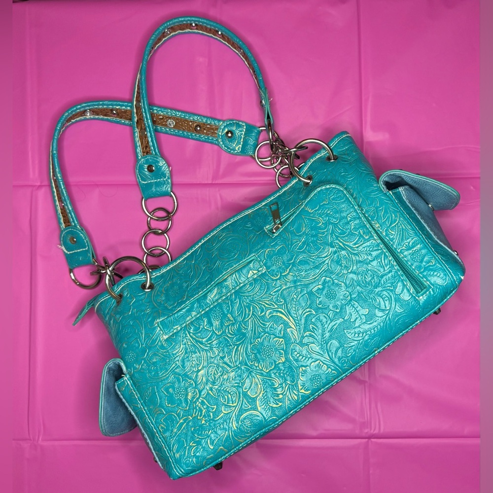 โจ๐ COWGIRL TRENDS Gold Silver Blue Buckle Studded & Jeweled Shoulder Purse Bag - Picture 4 of 17